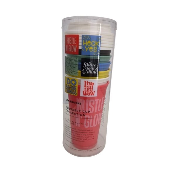 Starbucks Reusable Cup Collection Set of 6 2017 16 oz Plastic With Lids - Picture 1 of 3